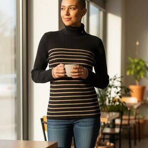 LAUREN Ralph Lauren Women’s Black & Beige Striped Turtleneck Sweater Size L